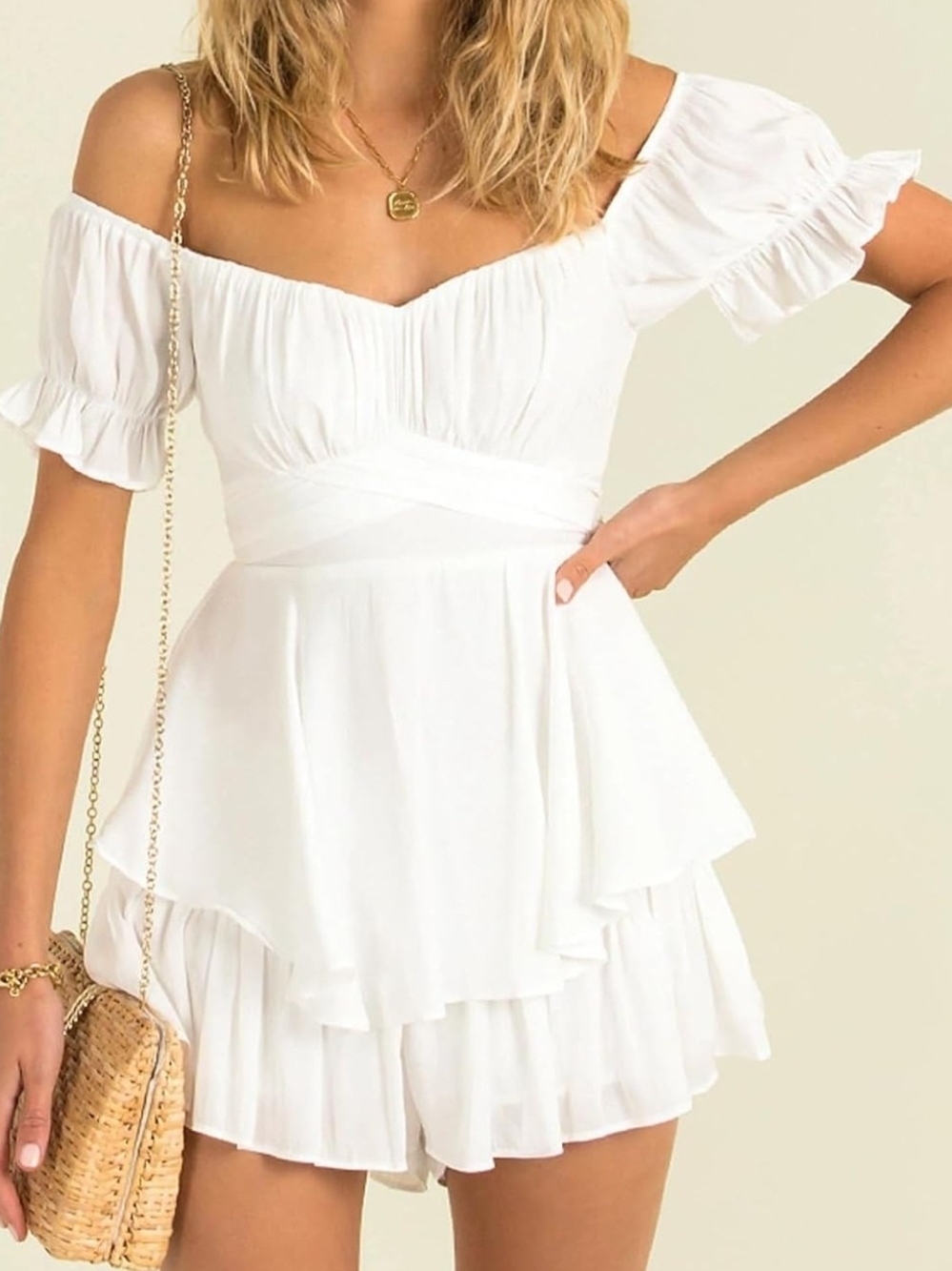 White Off-Shoulder Ruffle Mini Dress
